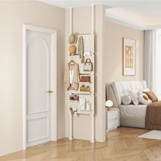 【慢慢家居】免打孔頂天立地洞洞板置物架-57面寬 贈掛勾x20+置物盤x4(鐵製 屏風 衣帽架)