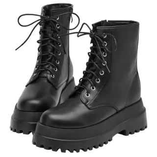 【Grace Gift】當代主義圓頭輕量增高綁帶靴(黑)