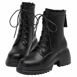 【Grace Gift】韓團必備圓頭輕量厚底綁帶短靴(黑)