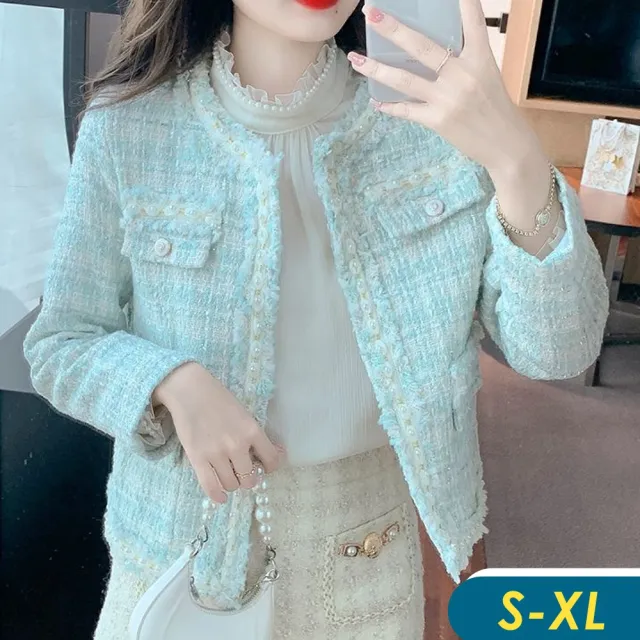 【CHACO】/預購/女 質感小香風粗釘珠滾邊花呢長袖外套#8980(女 小香 粗花呢 外套 婚宴 尾牙)