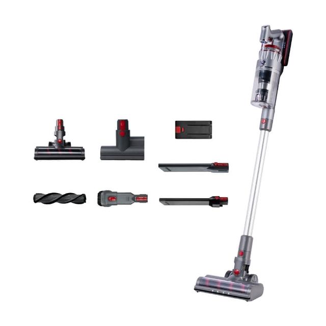  SANSUI 山水 SVC-J800 無線手持吸塵器，灰色系設計，產自中國，輕巧2.7kg，尺寸寬100x長400x高190mm。支援110V電壓，1年保固，BSMI認證R51434。450L可洗式集塵筒，配備木質地板吸頭、床墊吸頭、狹縫吸頭、HEPA濾網及二合一吸頭。無線操作，適合日常家居清潔，高效除塵防過敏。 