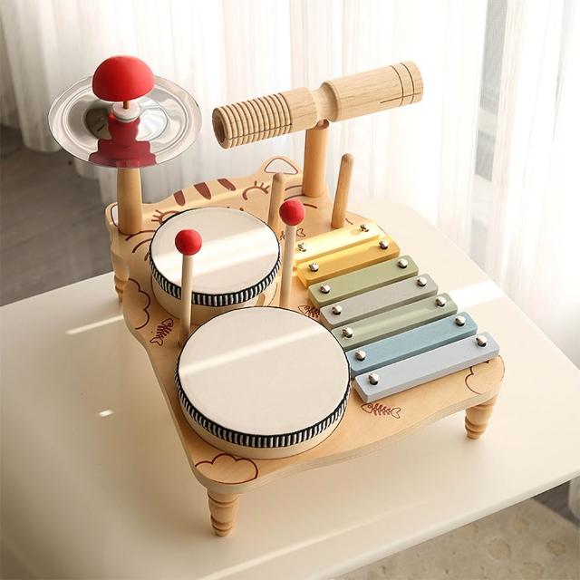 【沁仕家】木製音樂打擊樂器 敲琴打鼓敲鑼 多功能架子鼓 音樂臺 樂器(清脆動聽 打磨光滑 經敲耐打)