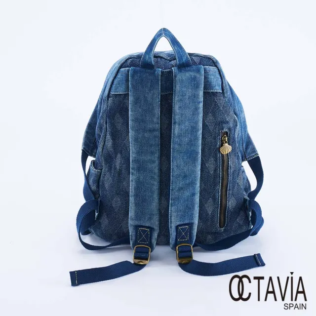 【OCTAVIA 8】雙11 藍小帽 菱格緹花牛仔後背包 - 層次藍(後背包 牛仔後背包 附帽子吊飾)