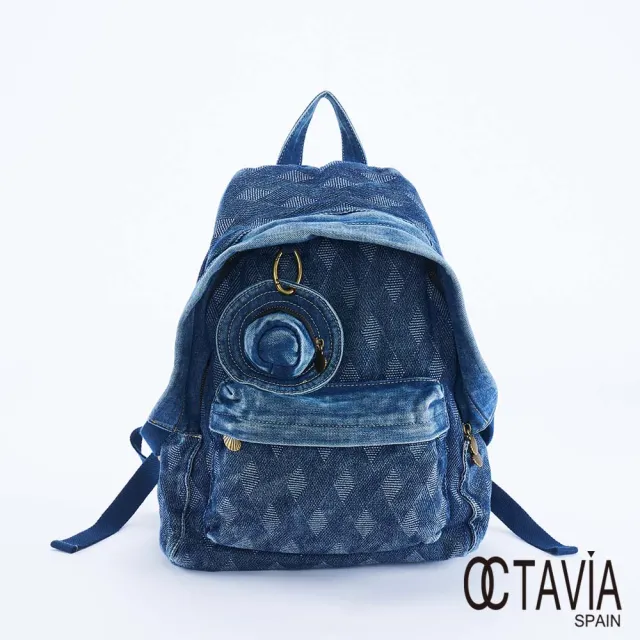 【OCTAVIA 8】藍小帽 菱格緹花牛仔後背包 - 層次藍(後背包 牛仔後背包 附帽子吊飾)
