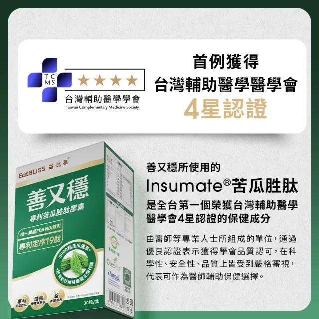 【EatBLISS 益比喜】善又穩專利苦瓜胜肽膠囊2入組(30入/盒)(5倍濃度 維持醣類正常代謝 橄欖葉萃取 鉻)