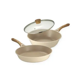 【Queen Chef】CREAM 韓國厚釜鑄造奶油大理石不沾鍋雙鍋3件組(炒鍋+平底鍋+蓋 30CM)