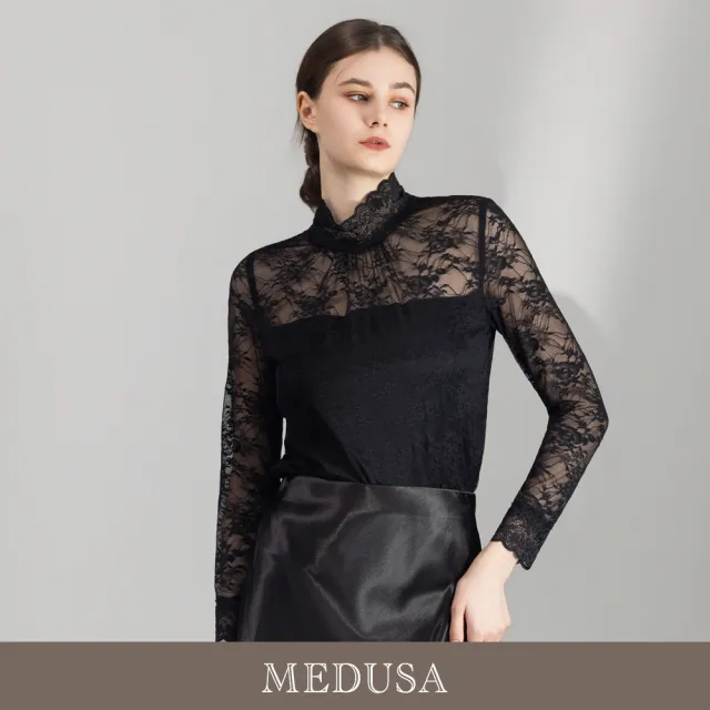【MEDUSA 曼度莎】現貨-優雅高領軟蕾絲透膚上衣(M-2L)|女長袖上衣 內搭上衣 氣質穿搭(701-55501)