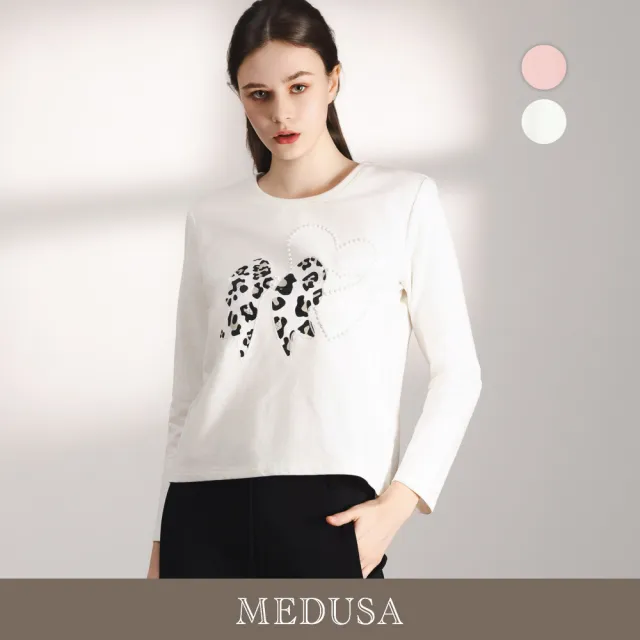 【MEDUSA 曼度莎】現貨-小豹紋可愛蝴蝶結長袖T恤 - 2色(M-XL)|女休閒上衣 長袖上衣 甜美穿搭(701-54401)