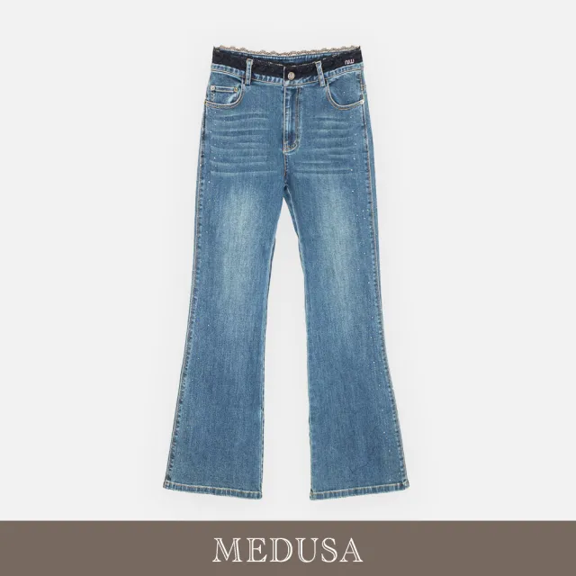 【MEDUSA 曼度莎】現貨-蕾絲點點鑽飾長腿喇叭牛仔褲（M-XL）｜女休閒長褲 顯瘦褲型 修飾比例(701-32202)