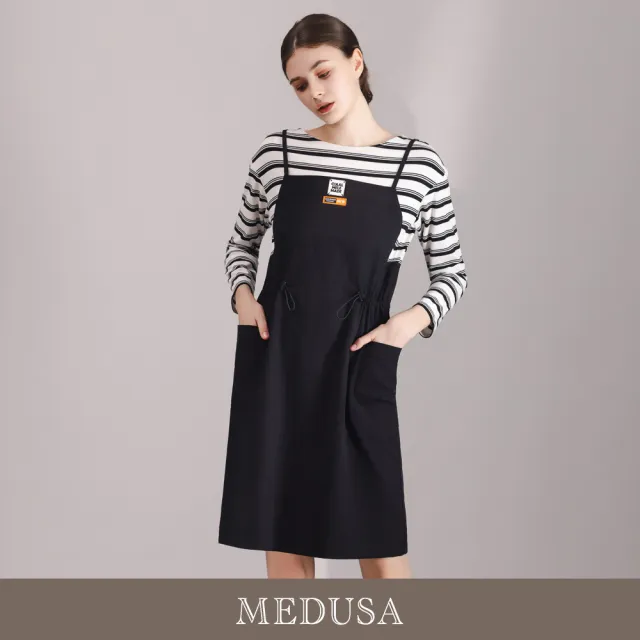 【MEDUSA 曼度莎】現貨-休閒日系條紋吊帶抽繩洋裝(M-XL)|休閒洋裝 日系穿搭 修飾版型 休閒風(701-71906)