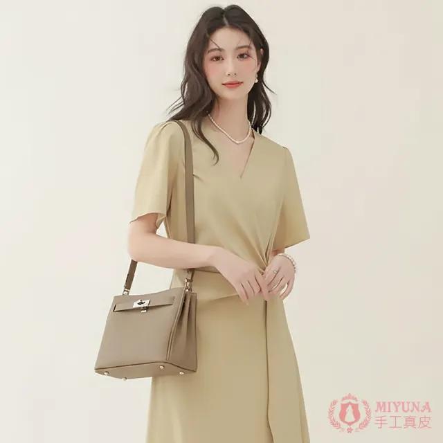 【MIYUNA 米友娜】真皮頭層牛皮簡約時尚凱莉手提斜背包(真皮包包 大象灰)