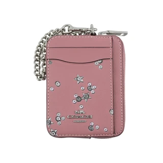 【COACH】皮革鏈帶方型卡夾零錢包(金銀星星亮粉燙印/灰粉色)