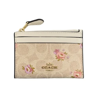 【COACH】雙色玫瑰印花C LOGO PVC拼接素面皮革前卡夾鑰匙零錢包(雙色玫瑰印花/沙色)