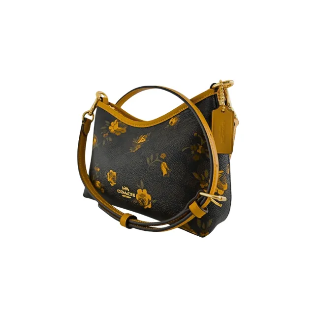【COACH】寬底船型小款肩背/斜背包(仿油畫筆觸金黃玫瑰花印花/胡桃木/C LOGO PVC)