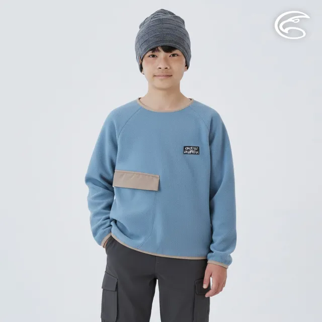 【ADISI】童Super Soft抗起球寬鬆版圓領保暖衣 AL2521080 海霧藍 140-160(雙面刷毛 抗靜電 快乾 吸濕排汗)