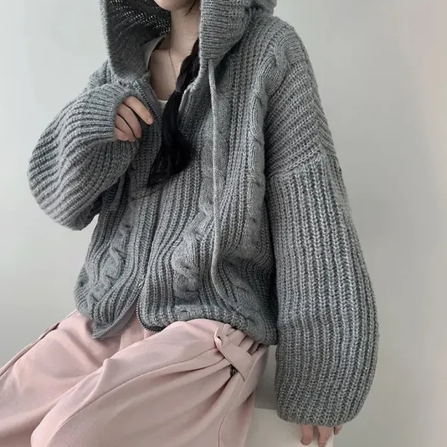 【D.studio】韓版麻花連帽雙拉鍊寬鬆毛衣外套(針織上衣冬天女裝保暖外套 運動外套連帽外套長袖上衣J414)