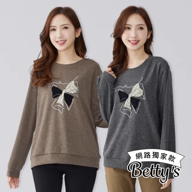 【betty’s 貝蒂思】網路獨賣★蝴蝶結亮鑽圖案微磨毛上衣(共二色)