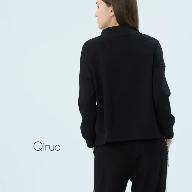 【Qiruo 奇若名品】軟絨棉質 下擺上下交叉長袖黑色長袖上衣 4027A 