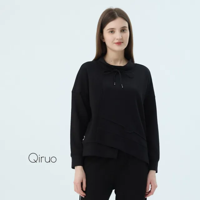 【Qiruo 奇若名品】軟絨棉質 下擺上下交叉長袖黑色長袖上衣 4027A 
