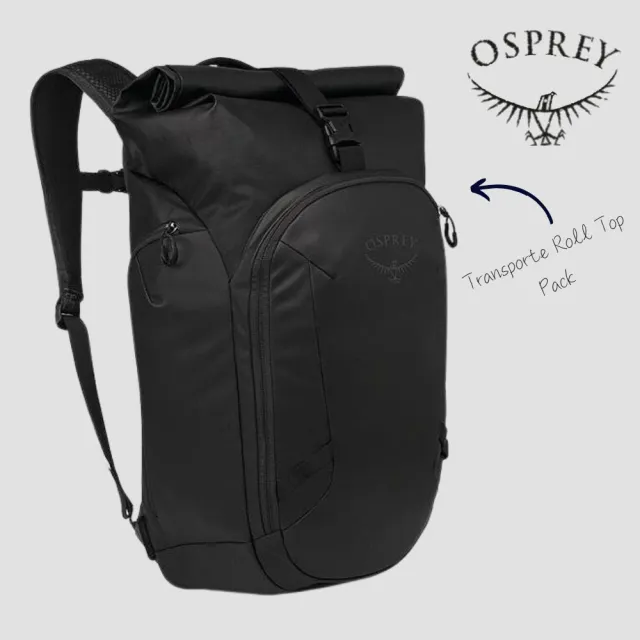 【Osprey】雙11 Transporter Roll Top Pack 防潑水通勤旅行後背包 Raven Black | 捲式主隔間開口
