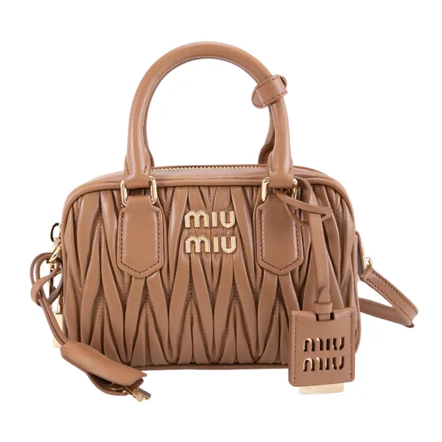 【MIU MIU】Arcadie matelasse 納帕皮革抓皺方型手提斜背包(焦糖色)