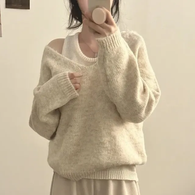 【D.studio】韓版兩件式寬鬆背心+毛衣(針織上衣毛衣長袖上衣保暖上衣 冬天女裝秋冬女裝發熱衣W526)