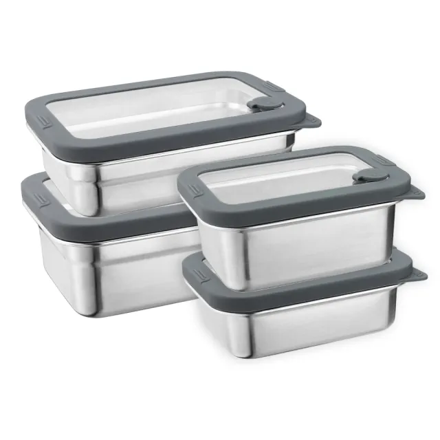 【CHEF 掌廚】ECO 316不鏽鋼玻璃蓋 可微波保鮮盒4件組750ml+1000ml+1200ml+1600ml(矽膠邊框/強化玻璃上蓋)