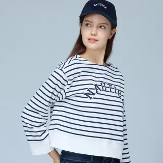 【NAUTICA】官方旗艦 女裝 條紋字母肩扣短版長袖T恤(白色)