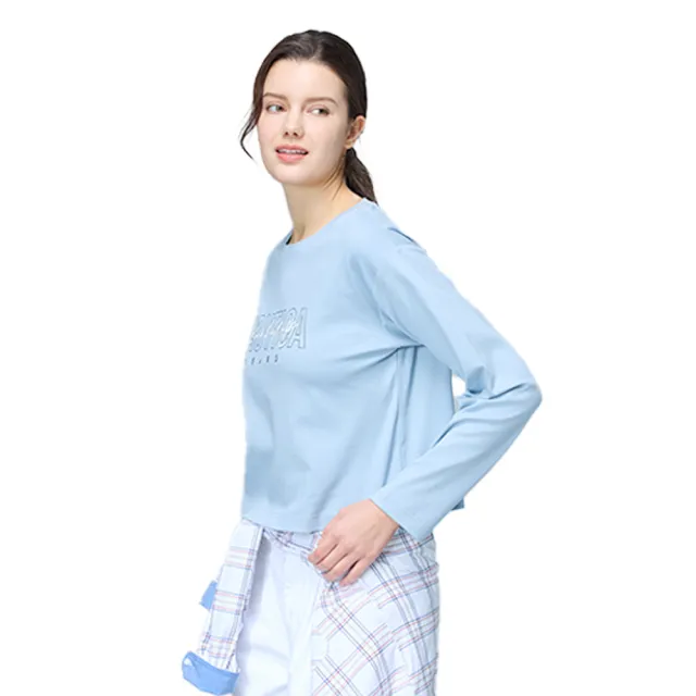 【NAUTICA】官方旗艦 女裝 草寫文字刺繡短版長袖T恤(藍色)