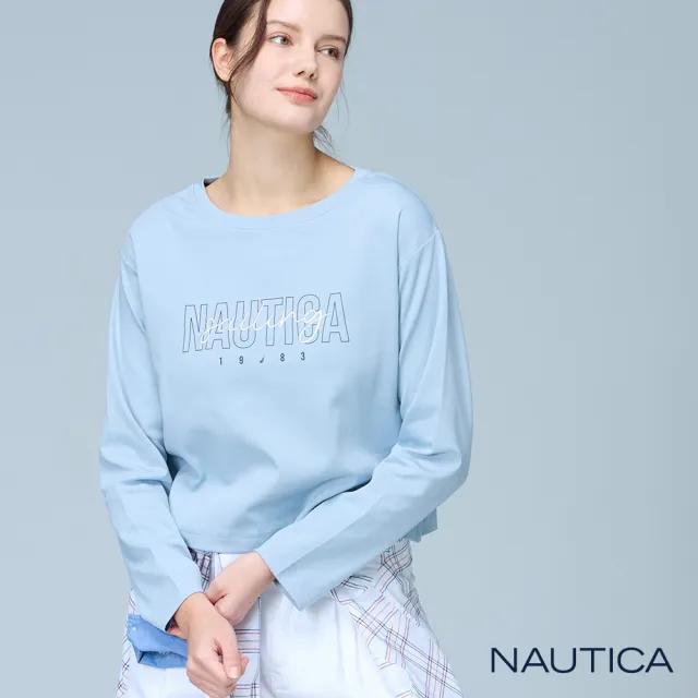 【NAUTICA】官方旗艦 女裝 草寫文字刺繡短版長袖T恤(藍色)