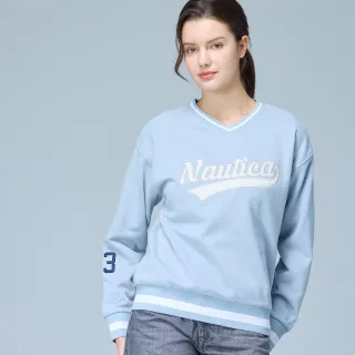 【NAUTICA】官方旗艦 女裝 復古V領羅紋滾邊長袖T恤(淺藍色)