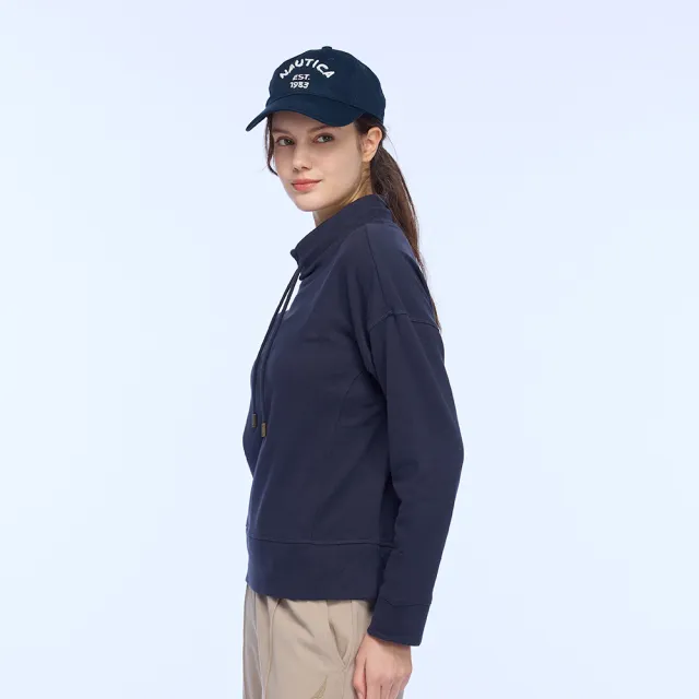 【NAUTICA】官方旗艦 女裝 抽繩高領設計感長袖T恤(藍色)