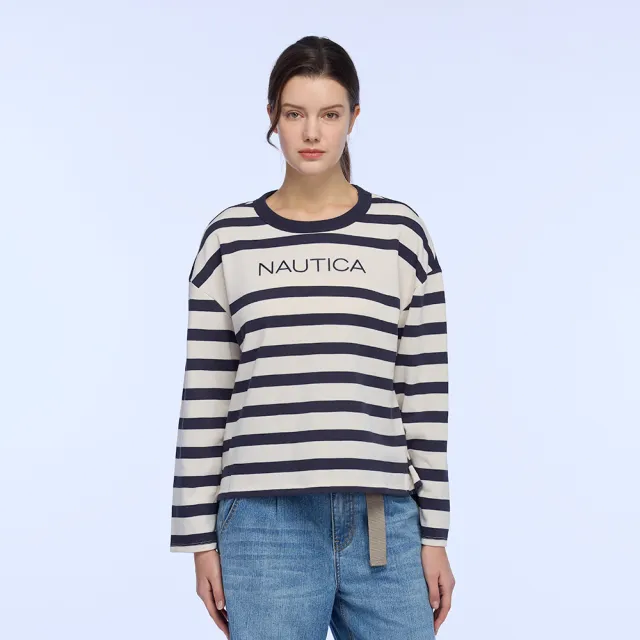 【NAUTICA】官方旗艦 女裝 條紋航海風落肩長袖T恤(米白藍)