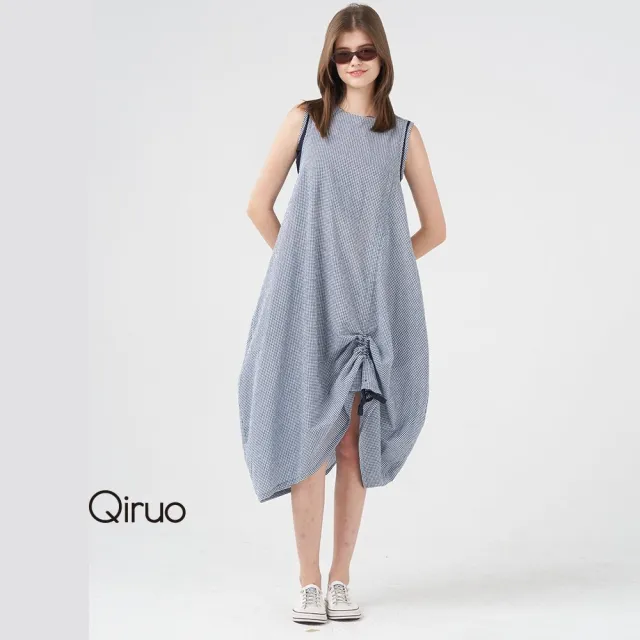 【Qiruo 奇若名品】棉麻小傘狀下擺抓皺藍白細格無袖洋裝8256F