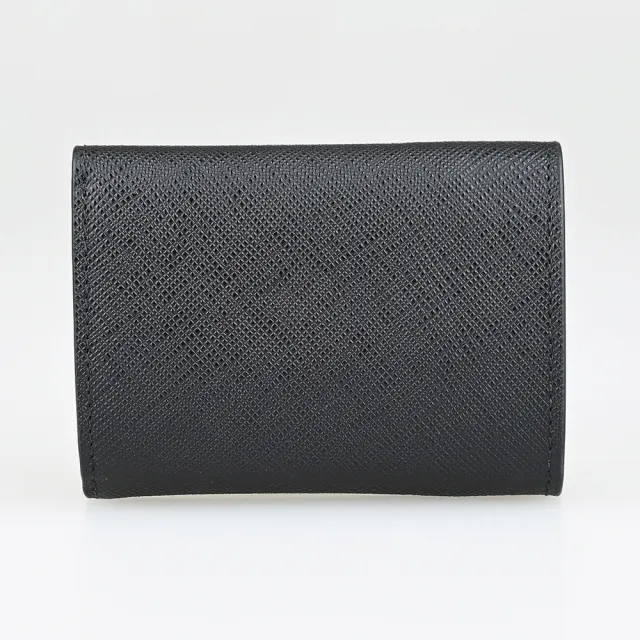 【PRADA 普拉達】PRADA Saffiano金字LOGO撞色設計防刮牛皮3卡壓釦式三折短夾(小/黑x粉紅)