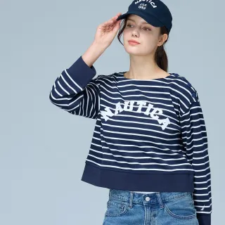 【NAUTICA】官方旗艦 女裝 條紋字母肩扣短版長袖T恤(藍色)