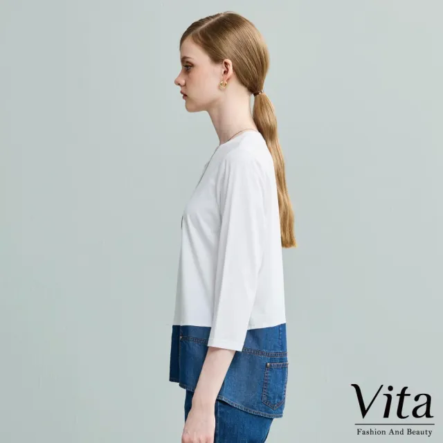 【MYSHEROS 蜜雪兒】VITA 七分袖造型上衣 簡約個性圓領 丹寧拼接前短後長(白)