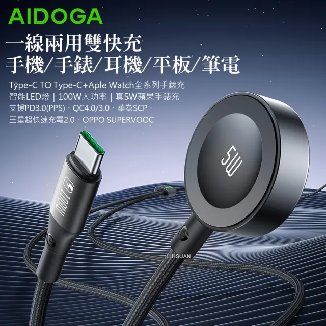 【AIDOGA】一分二 100W PD快充充電傳輸線 Type-C/Apple Watch//Ultra/SE 全系列 AirPods  爵士 1.5M