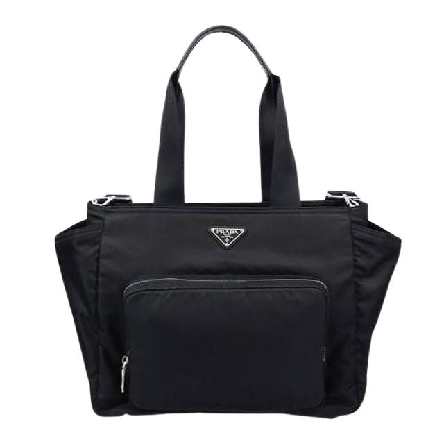 【PRADA 普拉達】1BG102 黑 多功能媽咪托特包(附背帶/墊布/束口袋)