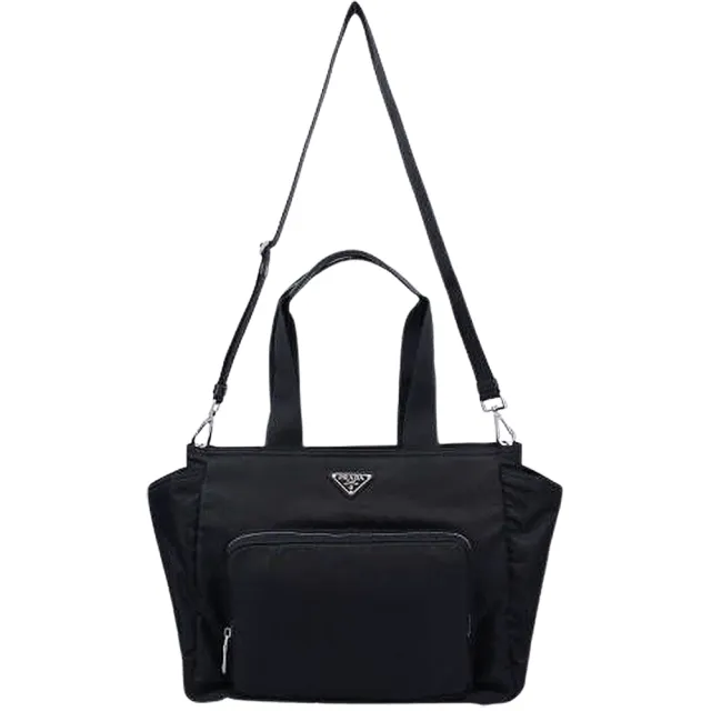 【PRADA 普拉達】1BG102 黑 多功能媽咪托特包(附背帶/墊布/束口袋)