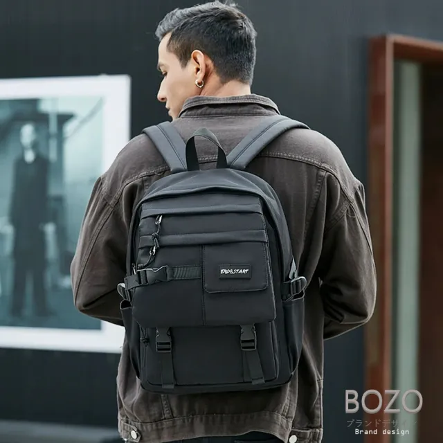 【BOZO 伯樂】雙11 日系潮流帥氣工裝風旅遊後背包B6078(經典黑)