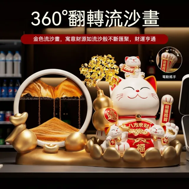 【超微米】招財貓擺件 自動招手發財貓 收銀台櫃台擺飾 自動搖手招財貓 開業裝飾禮物(八方來財招財貓流沙畫)