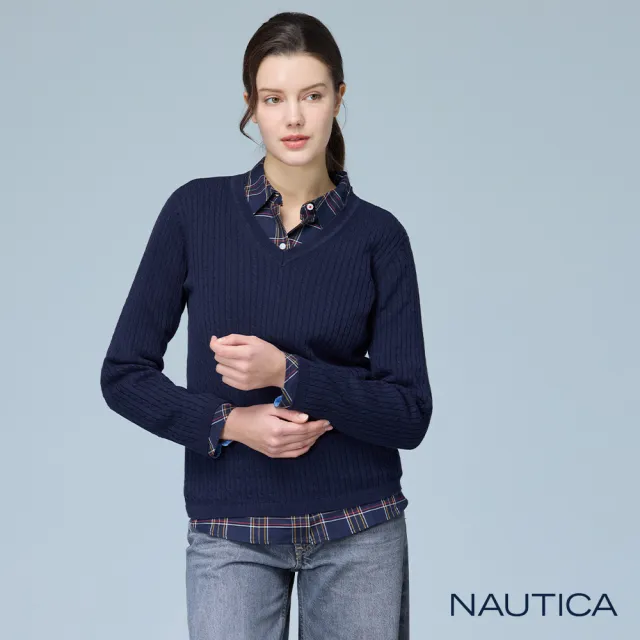 【NAUTICA】官方旗艦 女裝 V領麻花長袖針織上衣(藍色)