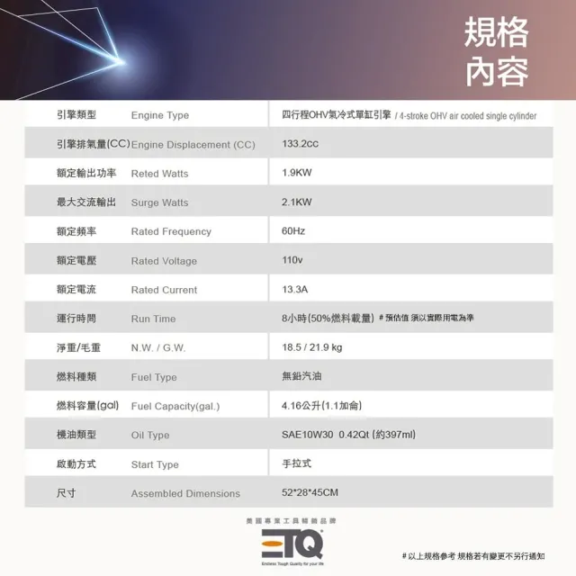 【ETQ USA】2100W變頻數碼發電機 NI2200i(停電救急、露營、戶外活動)