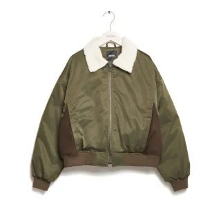 【SOMETHING】女裝 異素材短版羽絨外套(灰綠色)