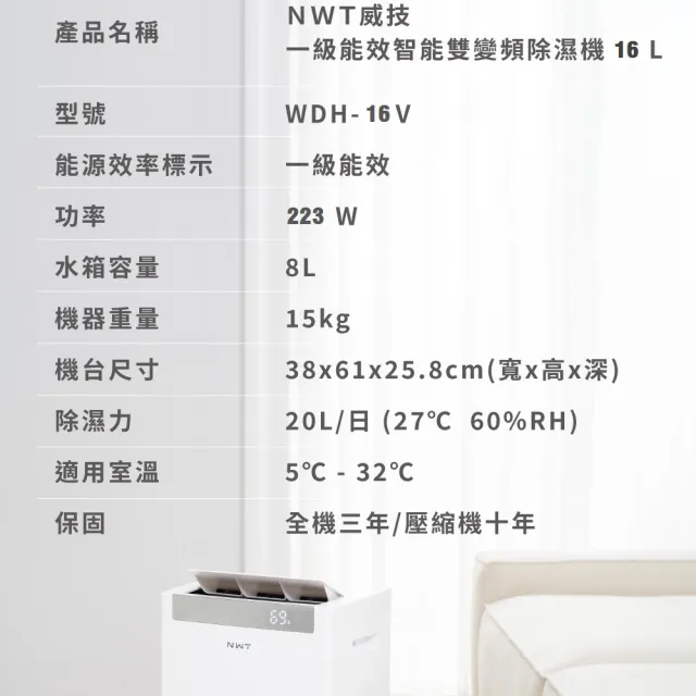 【NEW WIDETECH 威技】WiFi智慧雙變頻一級能效16L除濕機(WDH-16VX)