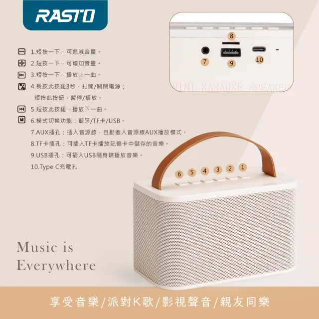 【RASTO】10W雙麥克風美聲多模式歡唱藍牙5.3喇叭