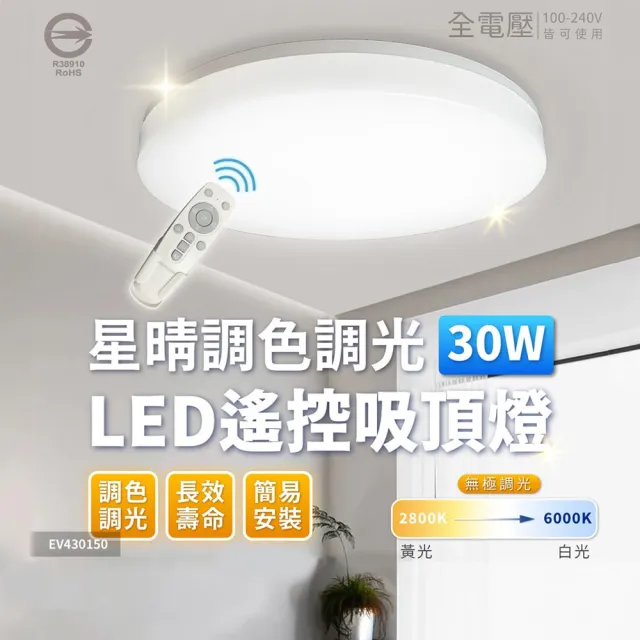 【Everlight 億光】2入 LED 星晴 30W 遙控調光調色 LED 吸頂燈 天花板燈(3-4坪) 全電壓