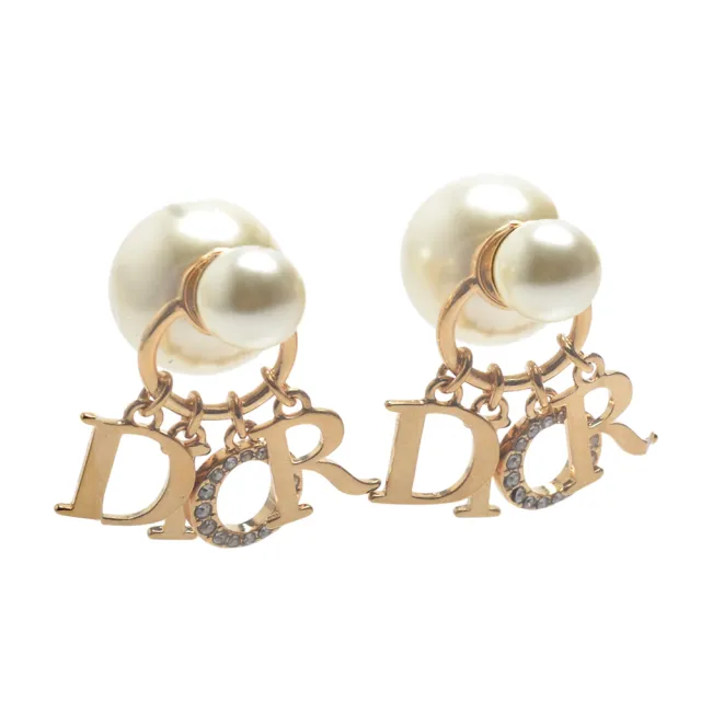 【Dior 迪奧】經典 Dior Tribales系列 D.I.O.R.字母飾白色珍珠穿式耳環(金色E1411TRICY_D301)