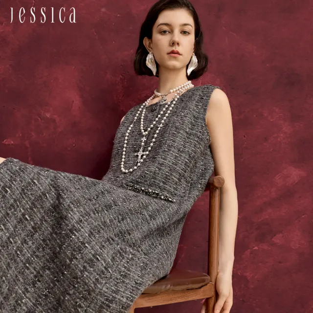 【JESSICA】法式優雅花呢無袖小香風長洋裝J54704